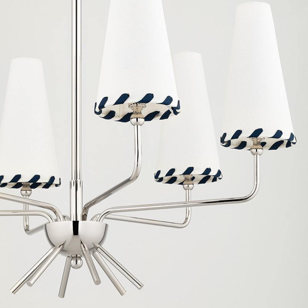 Cassie Chandelier – Aged Brass & Belgian Linen 6-Light Chandelier with Blue Trim