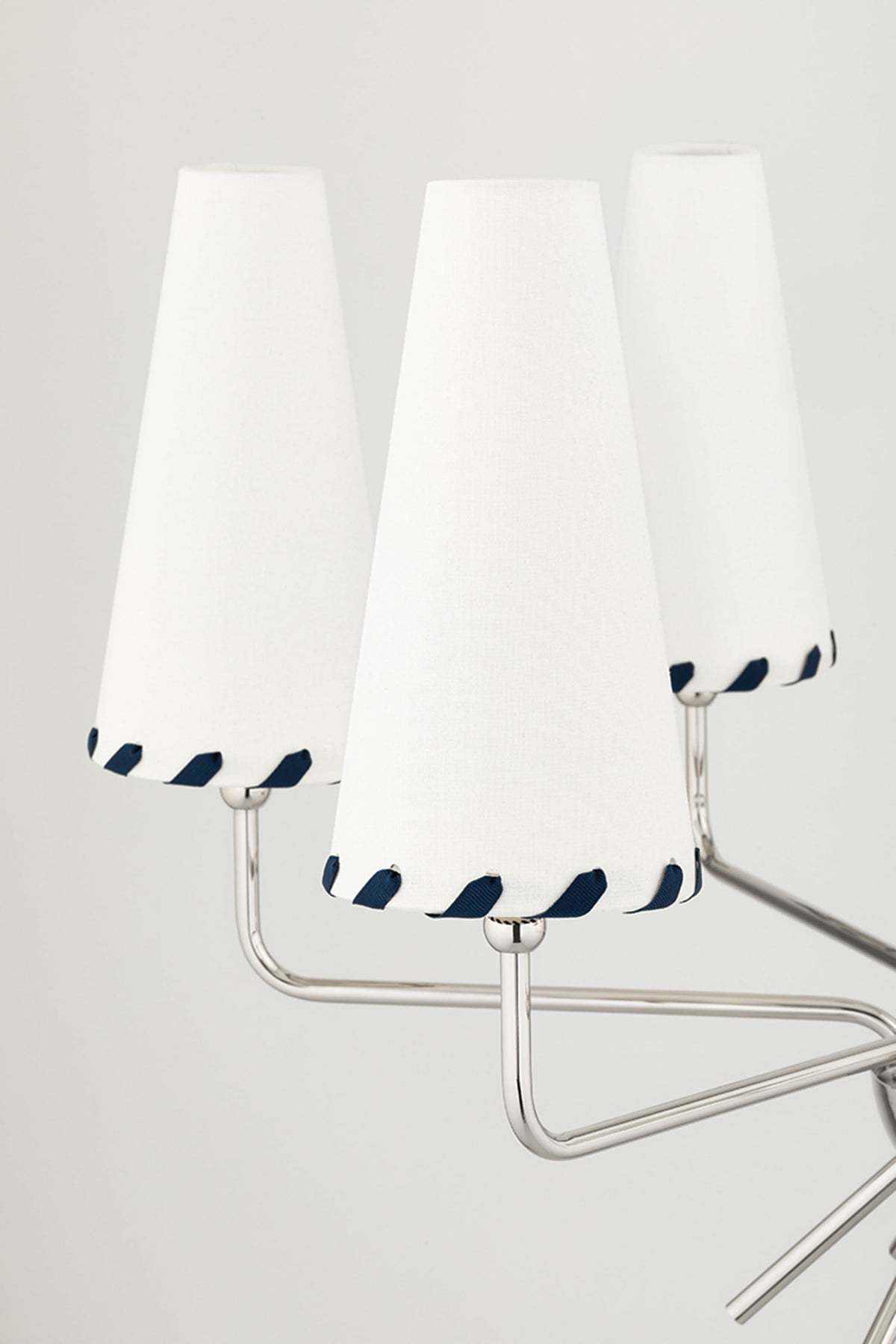 Cassie Chandelier – Aged Brass & Belgian Linen 6-Light Chandelier with Blue Trim