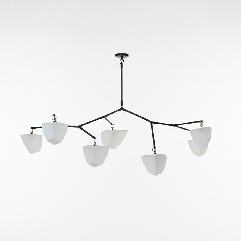 Cassiopeia Mobile Chandelier – Kinetic Sculptural Brass & Porcelain Shade Pendant