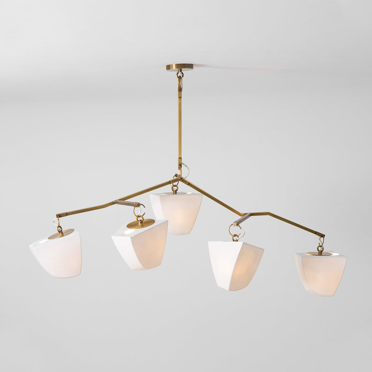 Cassiopeia Mobile Chandelier – Kinetic Sculptural Brass & Porcelain Shade Pendant