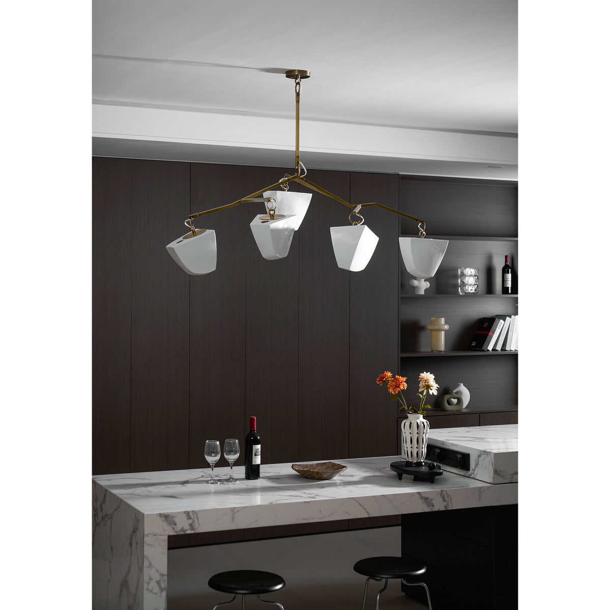 Cassiopeia Mobile Chandelier – Kinetic Sculptural Brass & Porcelain Shade Pendant