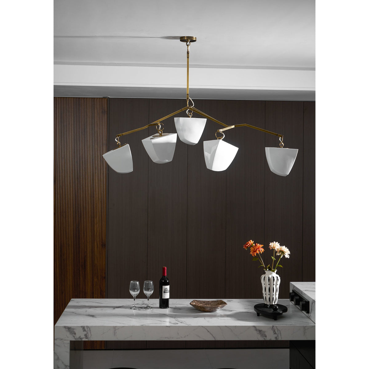 Cassiopeia Mobile Chandelier – Kinetic Sculptural Brass & Porcelain Shade Pendant