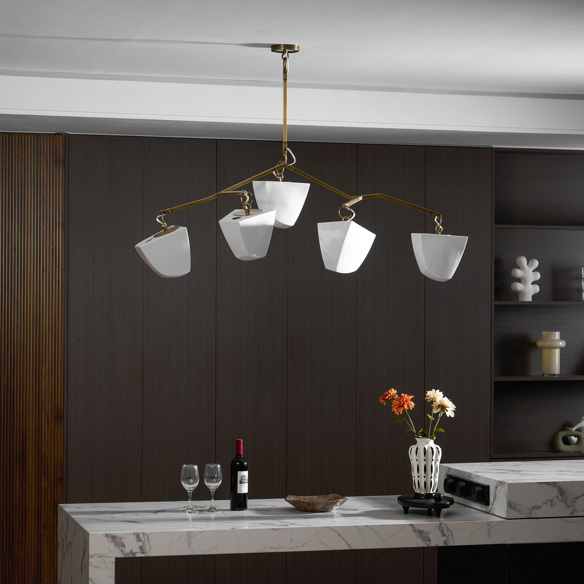 Cassiopeia Mobile Chandelier – Kinetic Sculptural Brass & Porcelain Shade Pendant
