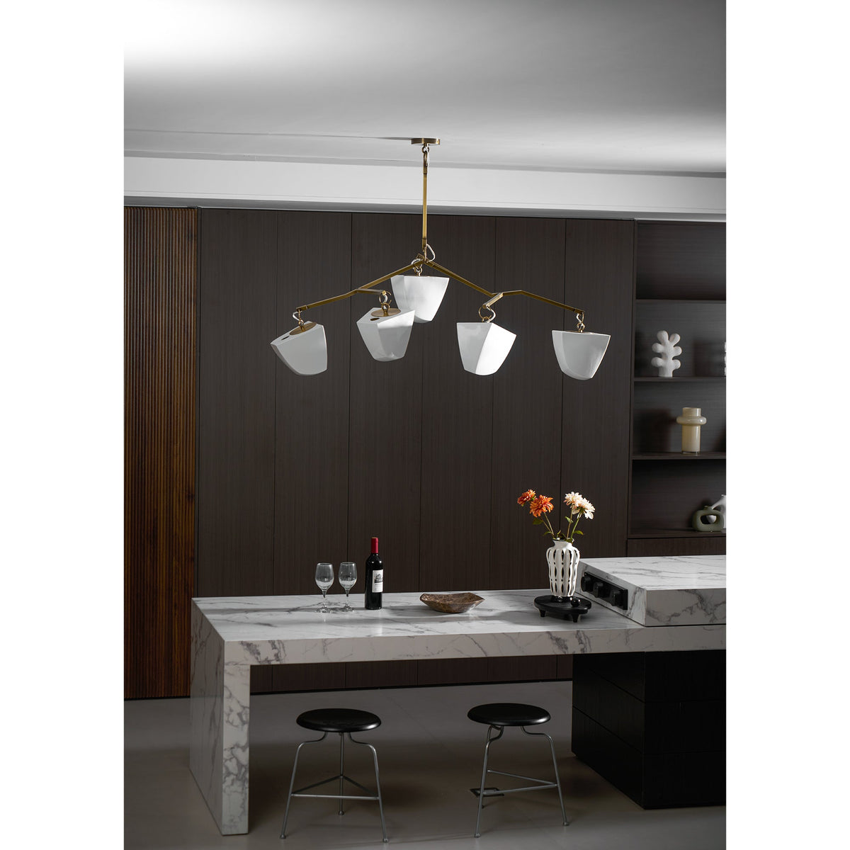 Cassiopeia Mobile Chandelier – Kinetic Sculptural Brass & Porcelain Shade Pendant