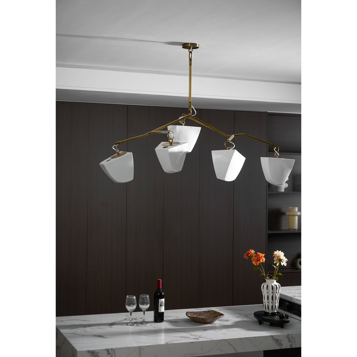 Cassiopeia Mobile Chandelier – Kinetic Sculptural Brass & Porcelain Shade Pendant