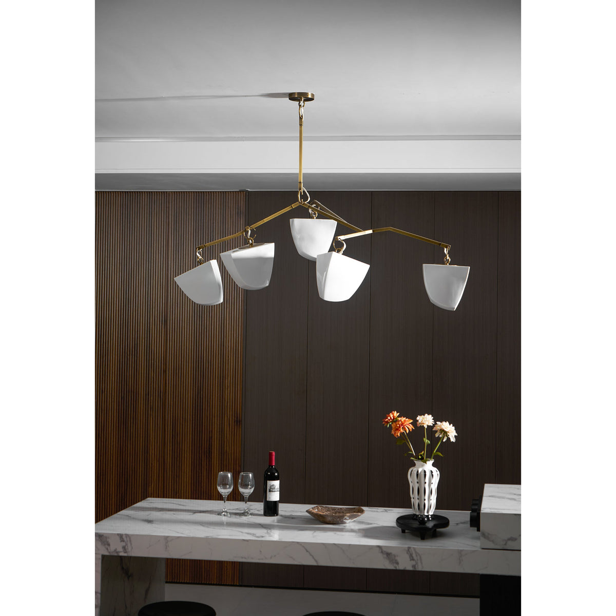 Cassiopeia Mobile Chandelier – Kinetic Sculptural Brass & Porcelain Shade Pendant