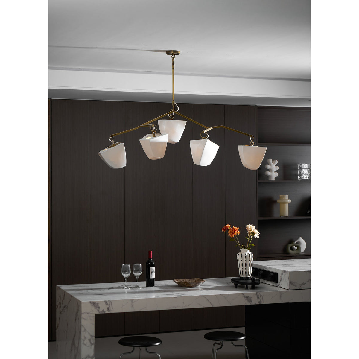 Cassiopeia Mobile Chandelier – Kinetic Sculptural Brass & Porcelain Shade Pendant