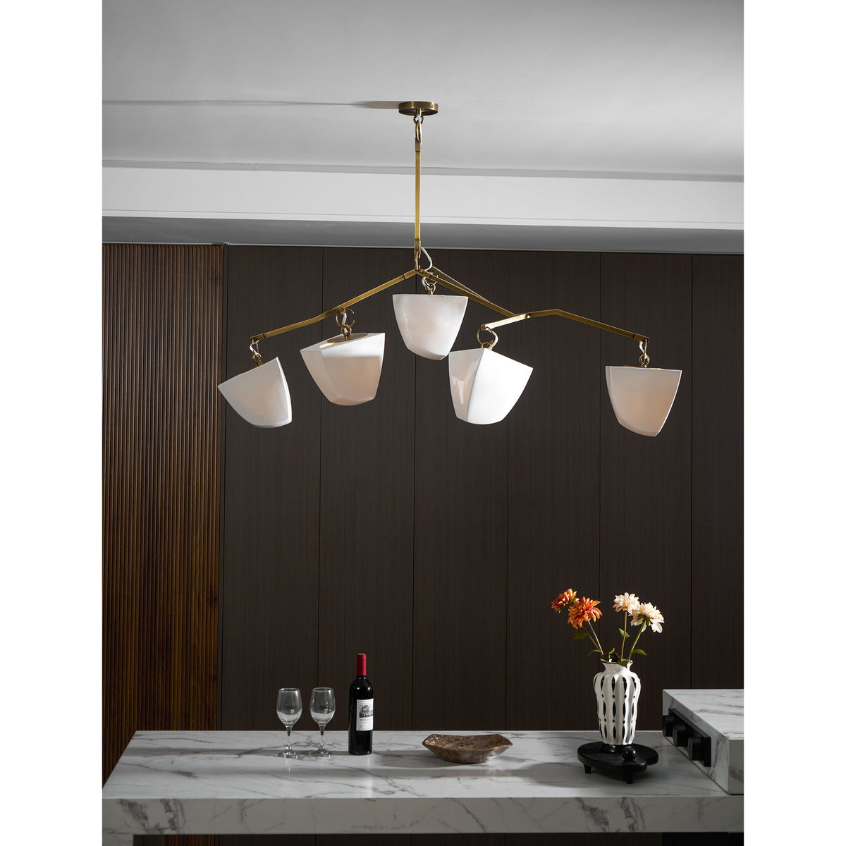 Cassiopeia Mobile Chandelier – Kinetic Sculptural Brass & Porcelain Shade Pendant