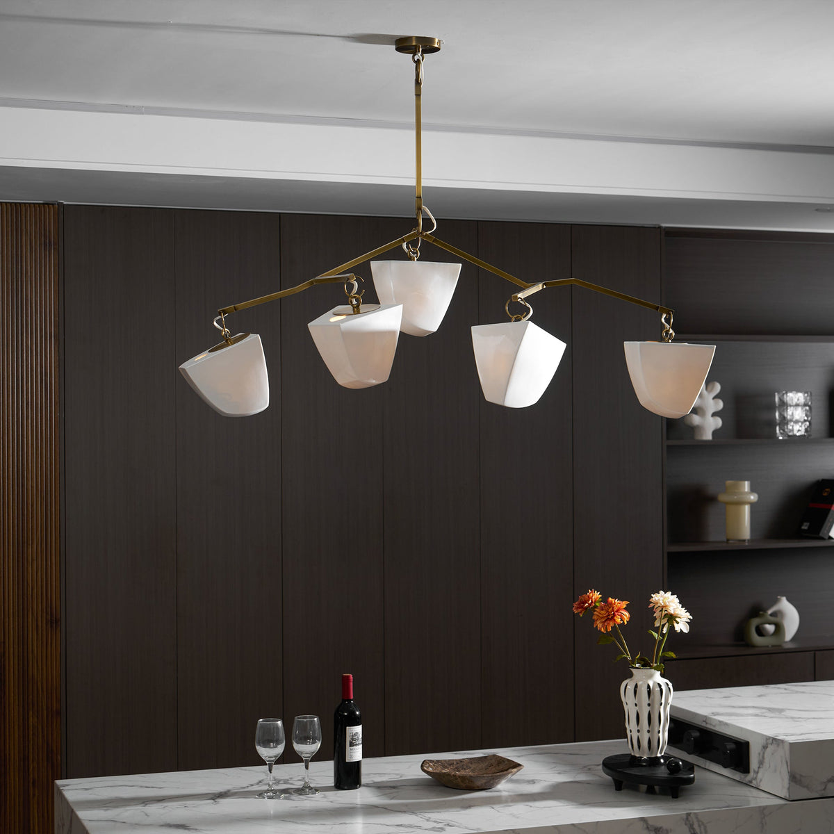 Cassiopeia Mobile Chandelier – Kinetic Sculptural Brass & Porcelain Shade Pendant