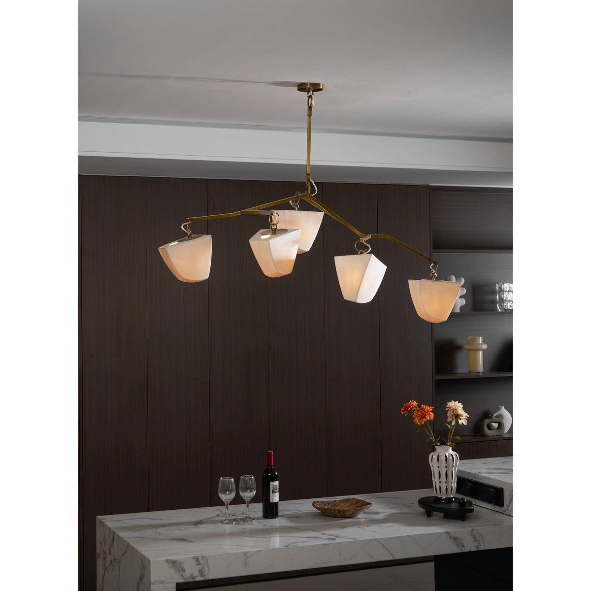 Cassiopeia Mobile Chandelier – Kinetic Sculptural Brass & Porcelain Shade Pendant