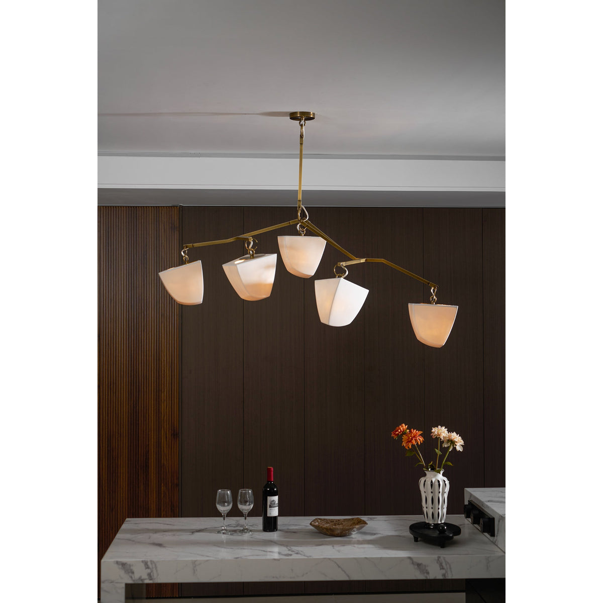 Cassiopeia Mobile Chandelier – Kinetic Sculptural Brass & Porcelain Shade Pendant