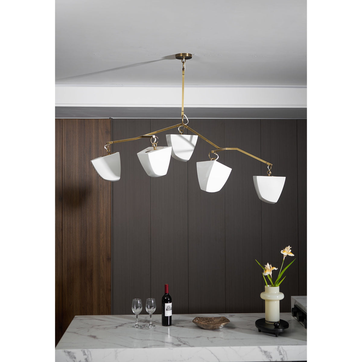 Cassiopeia Mobile Chandelier – Kinetic Sculptural Brass & Porcelain Shade Pendant