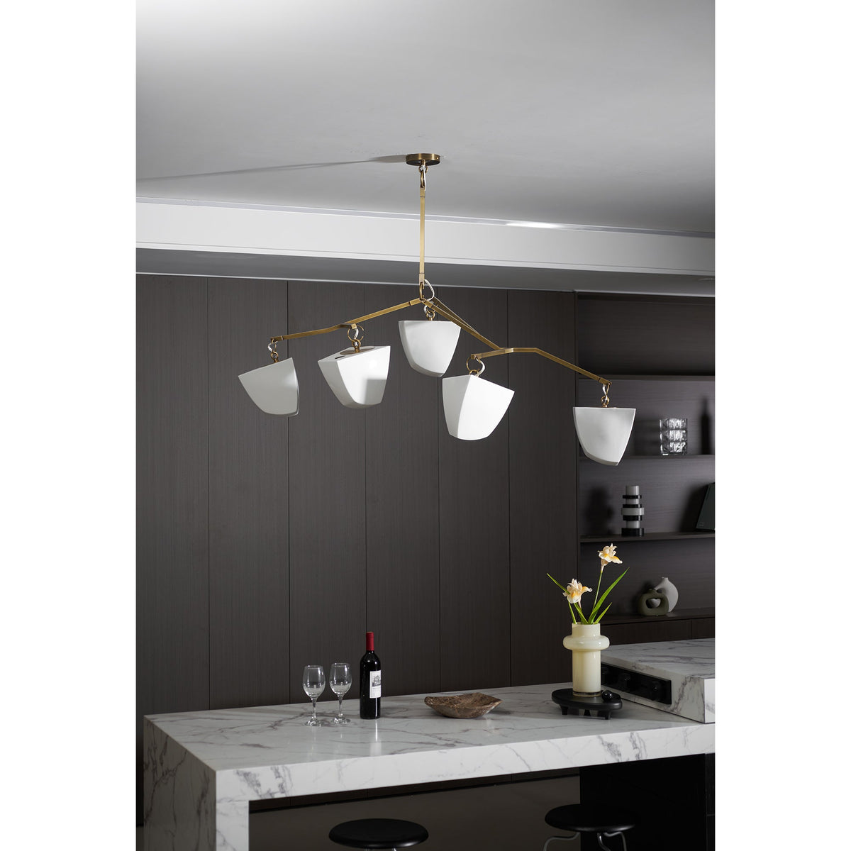 Cassiopeia Mobile Chandelier – Kinetic Sculptural Brass & Porcelain Shade Pendant