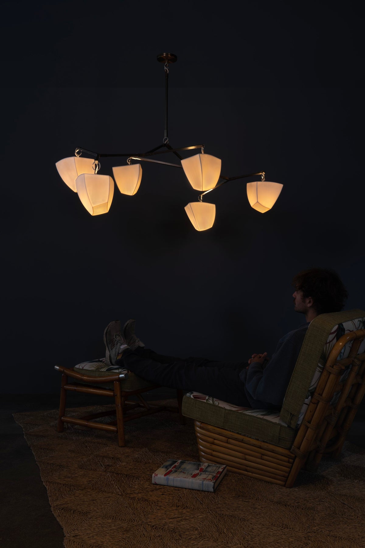 Cassiopeia Mobile Chandelier – Kinetic Sculptural Brass & Porcelain Shade Pendant