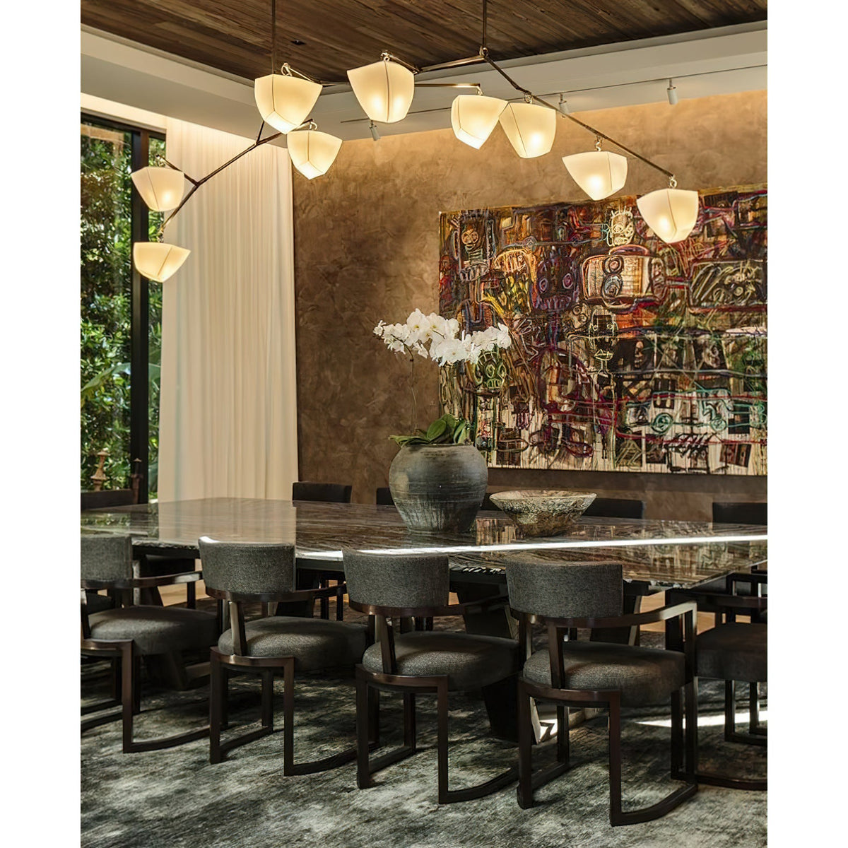Cassiopeia Mobile Chandelier – Kinetic Sculptural Brass & Porcelain Shade Pendant