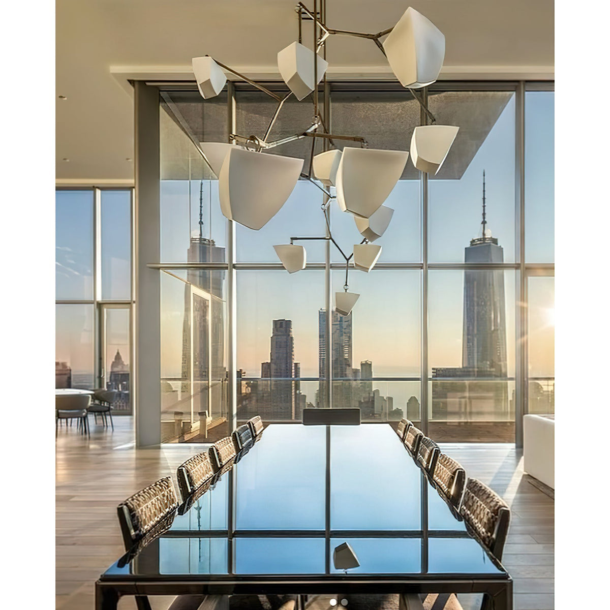 Cassiopeia Mobile Chandelier – Kinetic Sculptural Brass & Porcelain Shade Pendant
