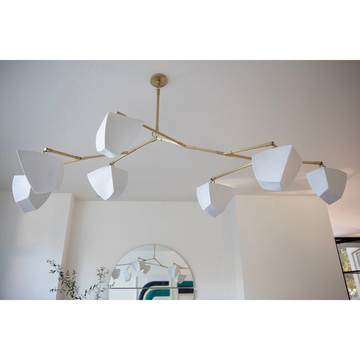 Cassiopeia Mobile Chandelier – Kinetic Sculptural Brass & Porcelain Shade Pendant