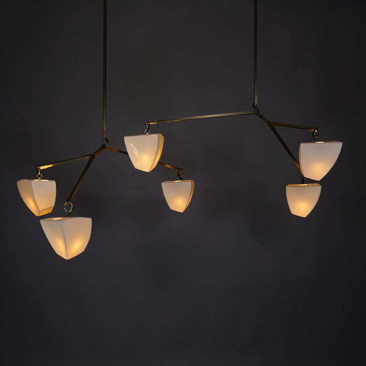 Cassiopeia Mobile Chandelier – Kinetic Sculptural Brass & Porcelain Shade Pendant