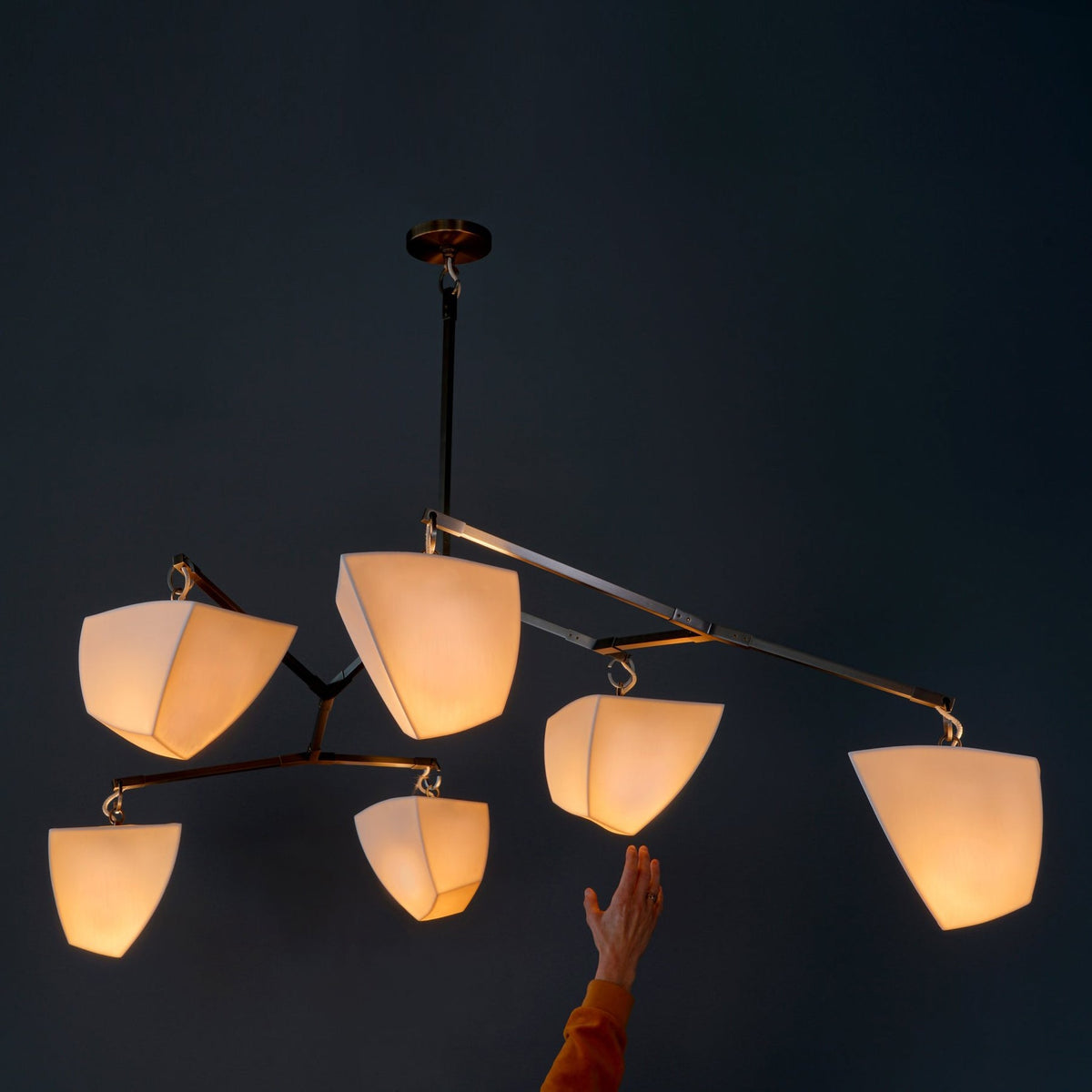 Cassiopeia Mobile Chandelier – Kinetic Sculptural Brass & Porcelain Shade Pendant