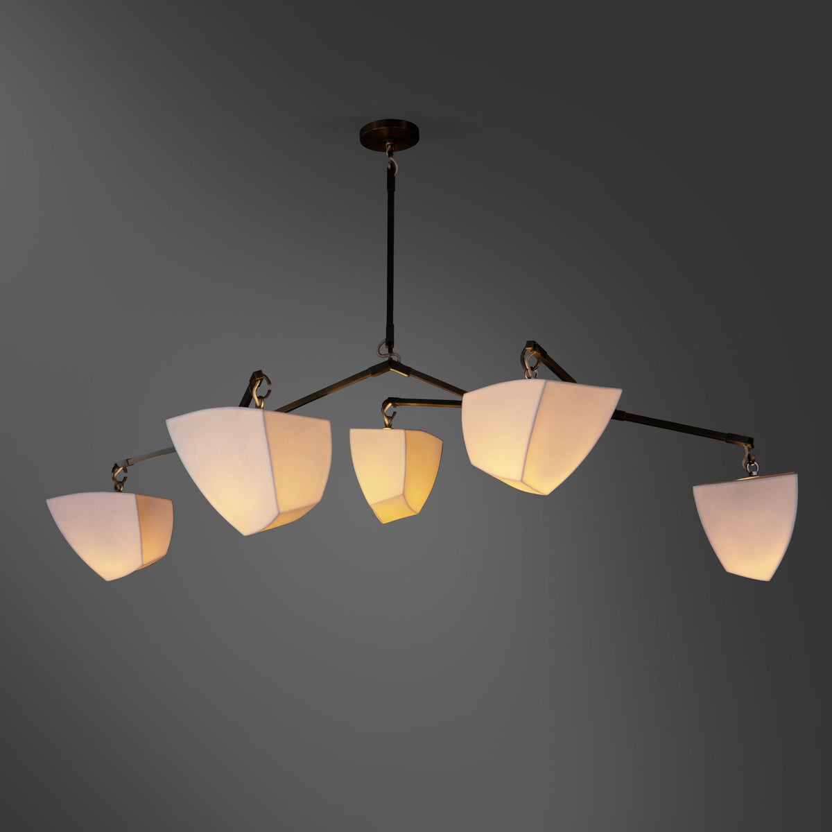 Cassiopeia Mobile Chandelier – Kinetic Sculptural Brass & Porcelain Shade Pendant