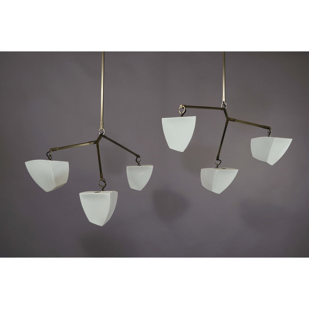 Cassiopeia Mobile Chandelier – Kinetic Sculptural Brass & Porcelain Shade Pendant
