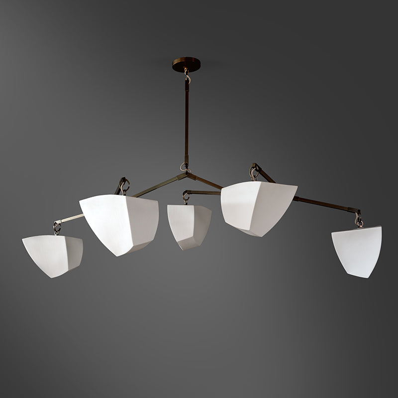 Cassiopeia Mobile Chandelier – Kinetic Sculptural Brass & Porcelain Shade Pendant