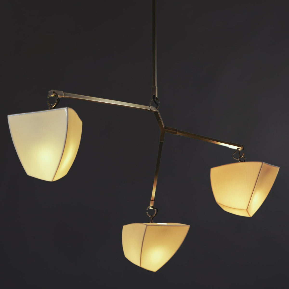 Cassiopeia Mobile Chandelier – Kinetic Sculptural Brass & Porcelain Shade Pendant
