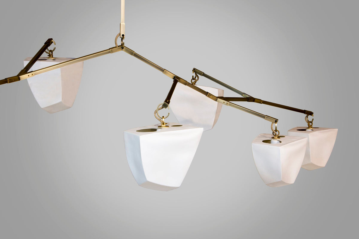 Cassiopeia Mobile Chandelier – Kinetic Sculptural Brass & Porcelain Shade Pendant
