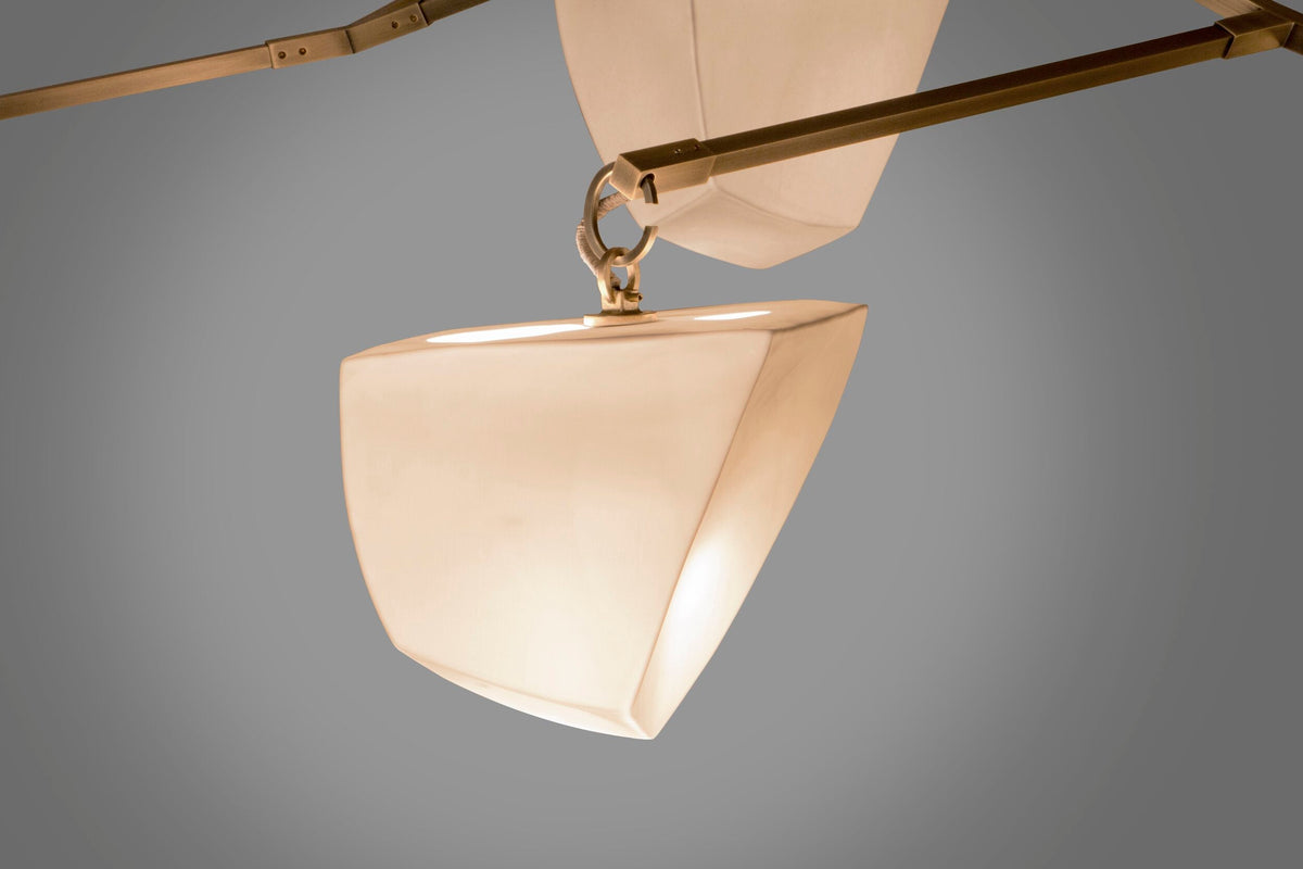 Cassiopeia Mobile Chandelier – Kinetic Sculptural Brass & Porcelain Shade Pendant