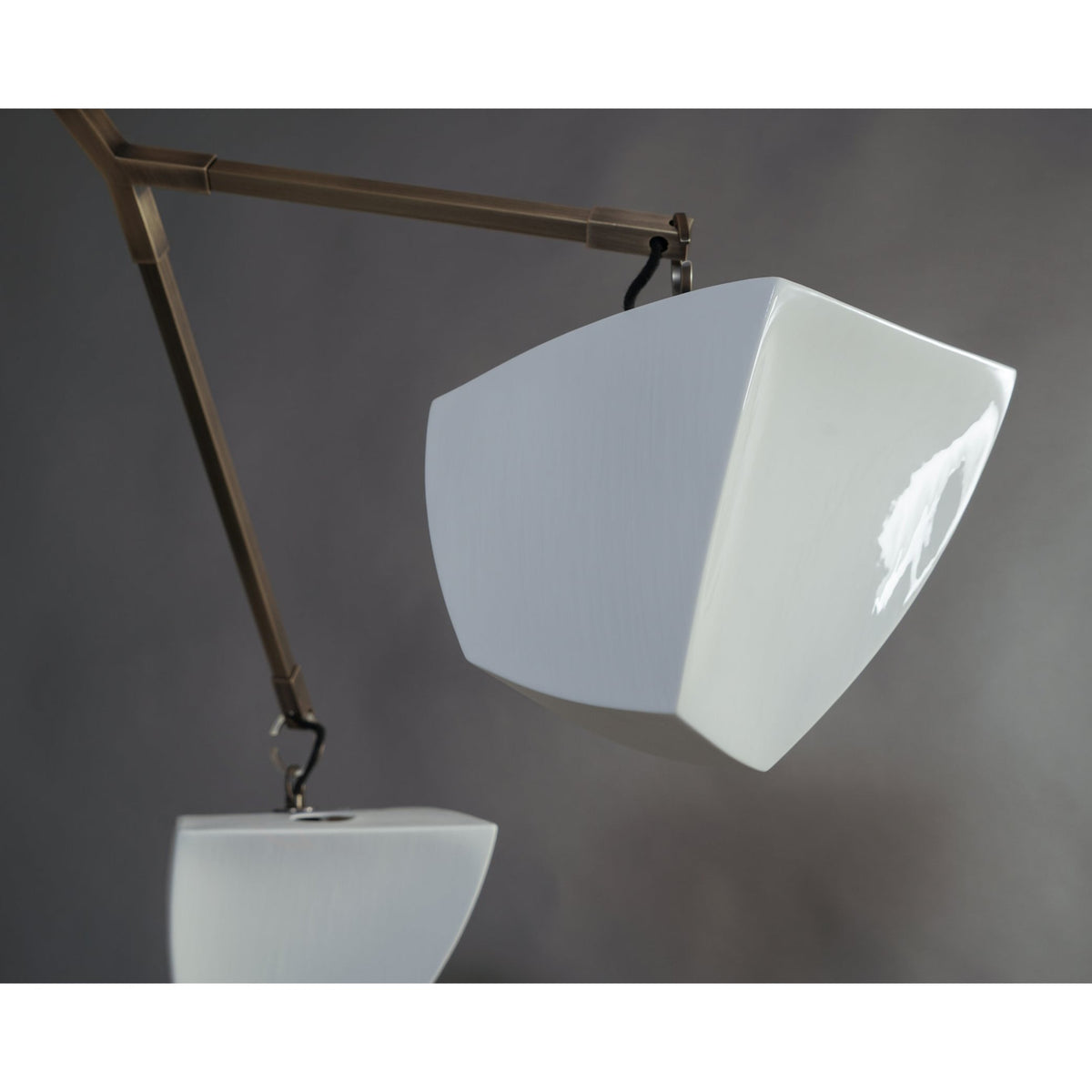 Cassiopeia Mobile Chandelier – Kinetic Sculptural Brass & Porcelain Shade Pendant
