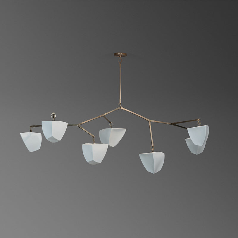 Cassiopeia Mobile Chandelier – Kinetic Sculptural Brass & Porcelain Shade Pendant