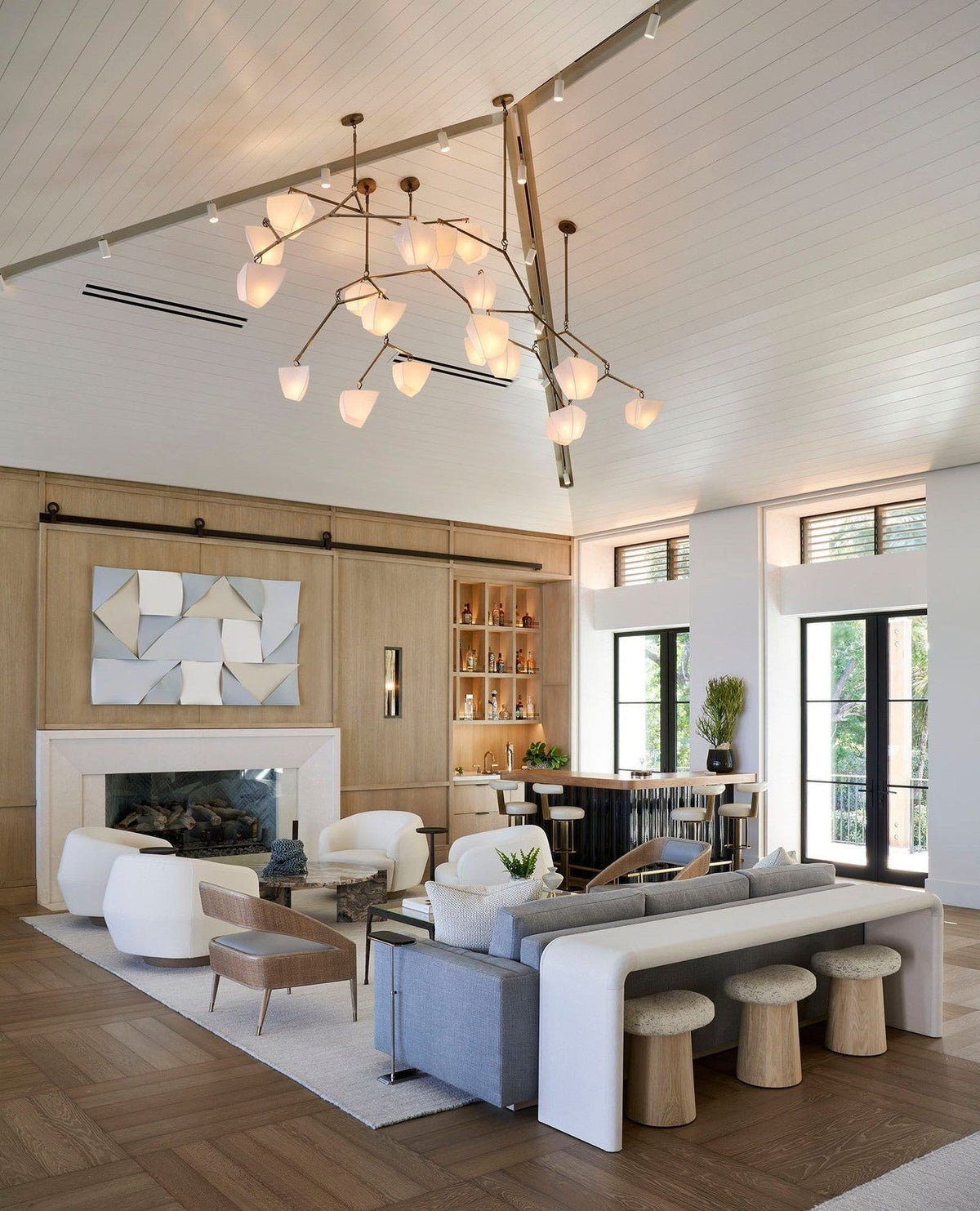 Cassiopeia Mobile Chandelier – Kinetic Sculptural Brass & Porcelain Shade Pendant