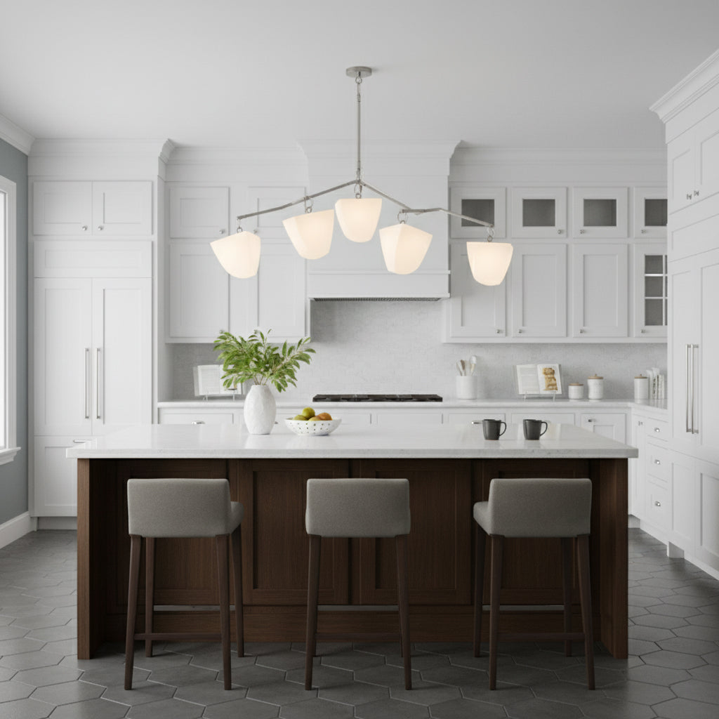 Cassiopeia Mobile Chandelier – Kinetic Sculptural Brass & Porcelain Shade Pendant