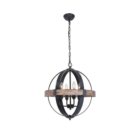 Castello Pendant Lamp – Rustic Wood & Black Iron Globe 4-Light Pendant