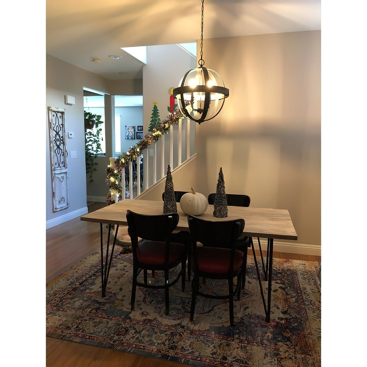 Castello Pendant Lamp – Rustic Wood & Black Iron Globe 4-Light Pendant
