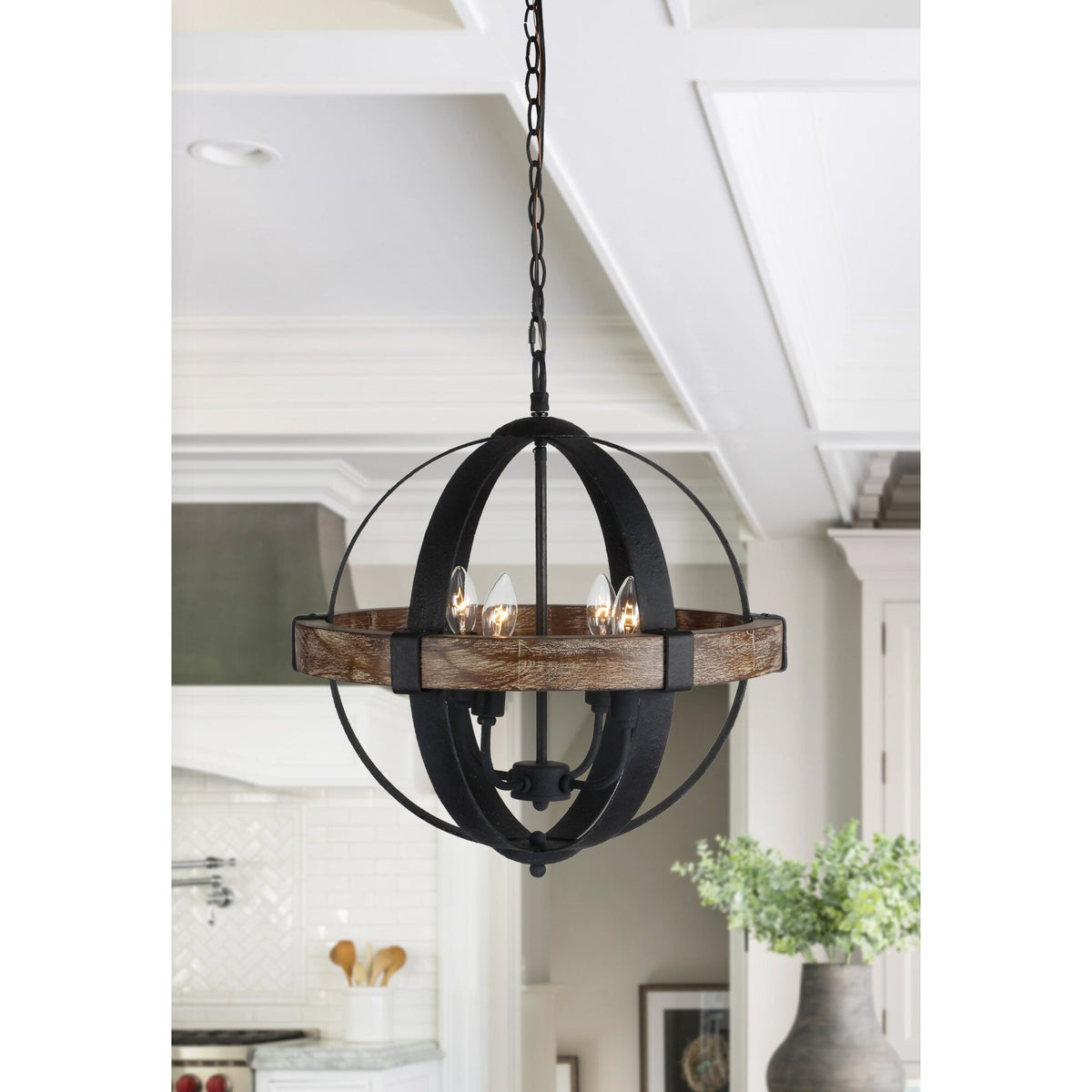 Castello Pendant Lamp – Rustic Wood & Black Iron Globe 4-Light Pendant