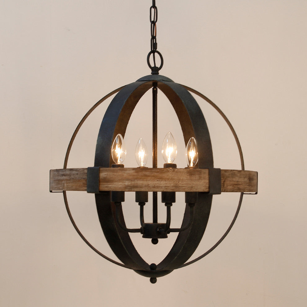 Castello Pendant Lamp – Rustic Wood & Black Iron Globe 4-Light Pendant