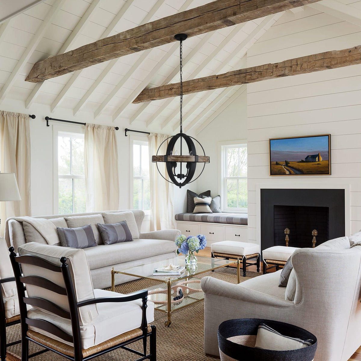 Castello Pendant Lamp – Rustic Wood & Black Iron Globe 4-Light Pendant