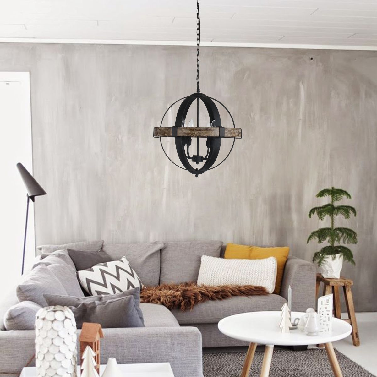 Castello Pendant Lamp – Rustic Wood & Black Iron Globe 4-Light Pendant