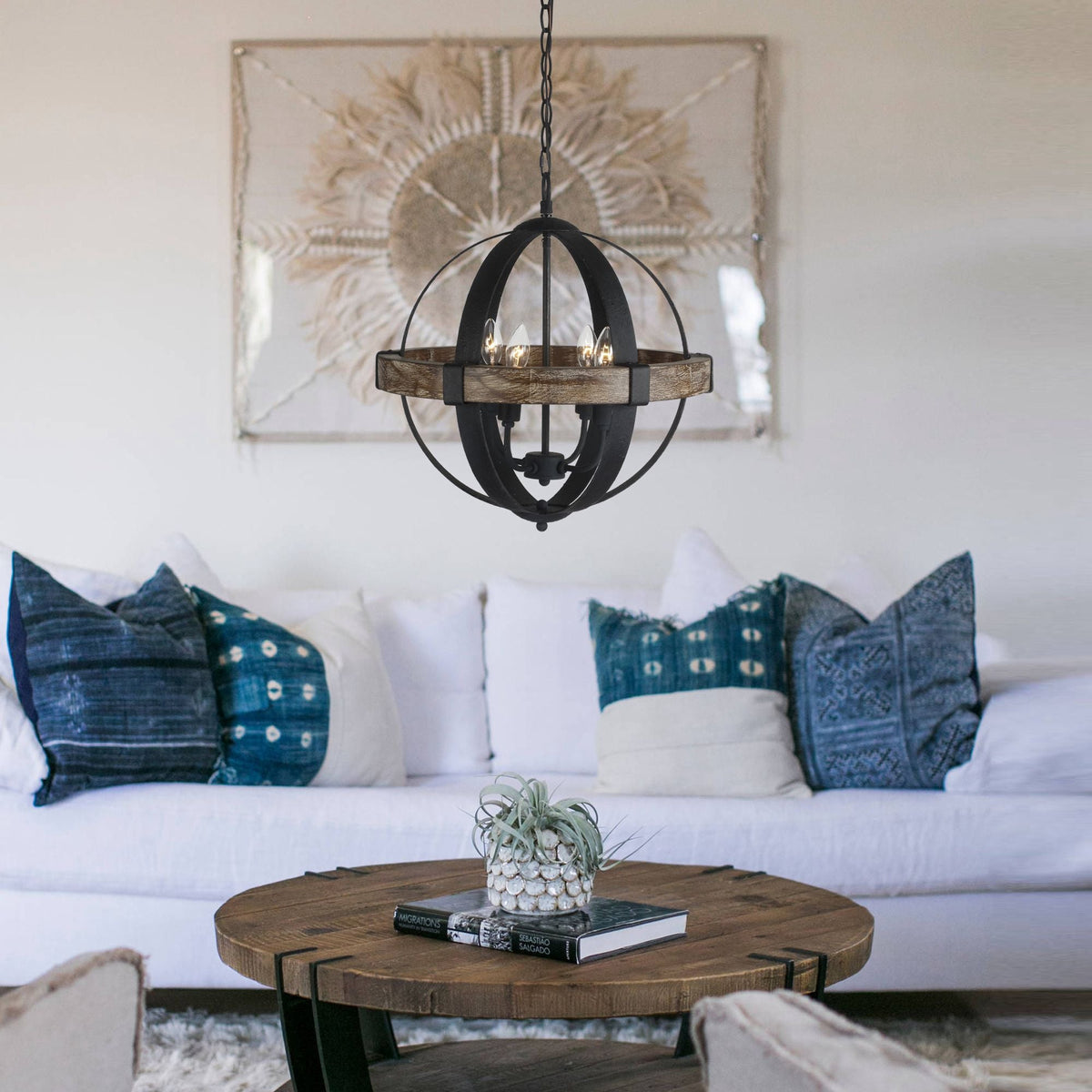 Castello Pendant Lamp – Rustic Wood & Black Iron Globe 4-Light Pendant