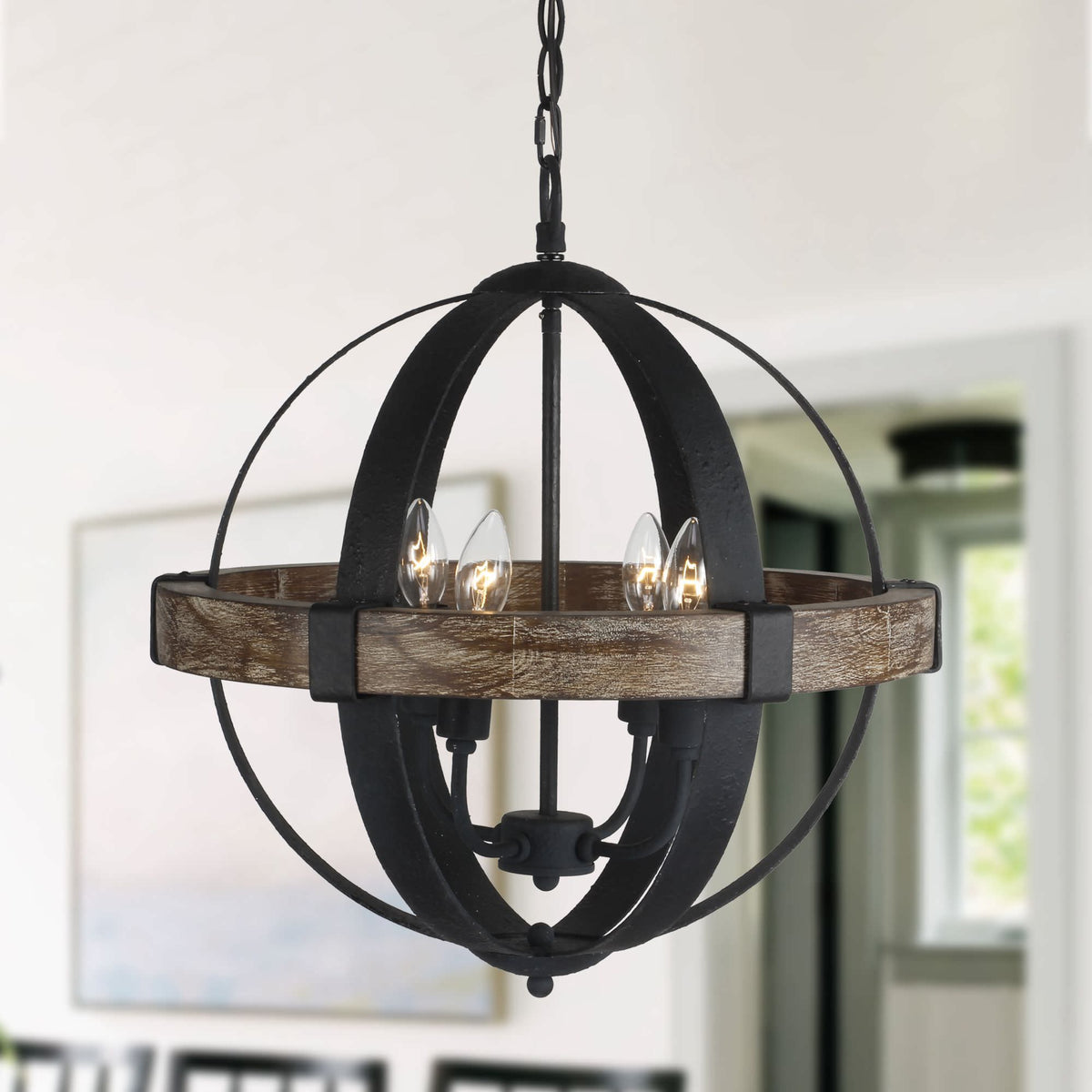 Castello Pendant Lamp – Rustic Wood & Black Iron Globe 4-Light Pendant