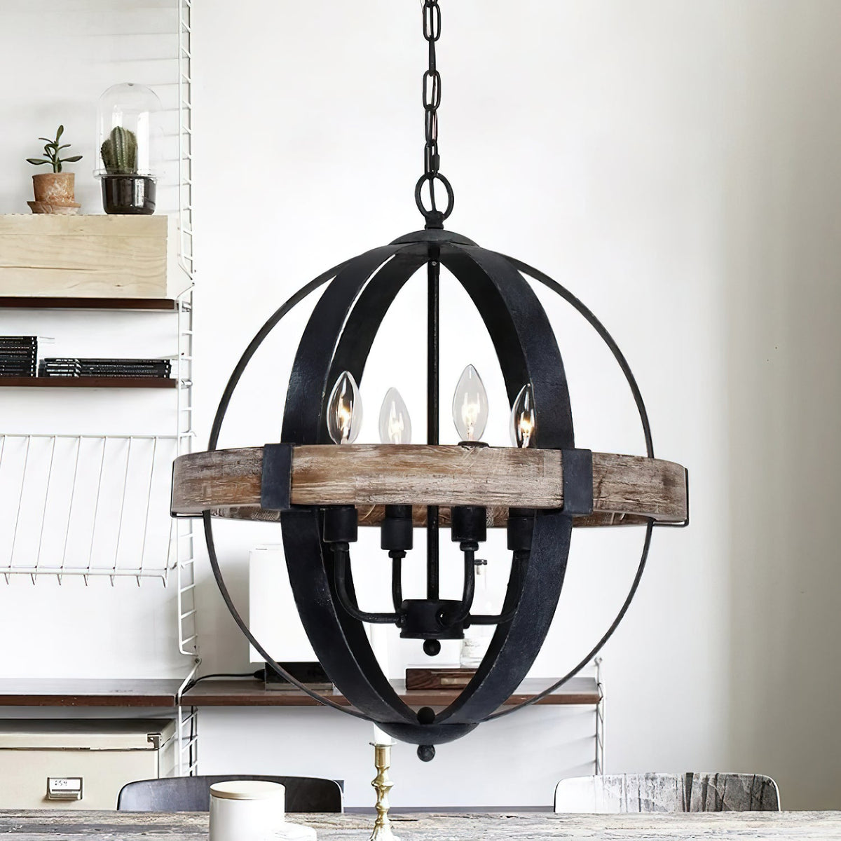 Castello Pendant Lamp – Rustic Wood & Black Iron Globe 4-Light Pendant