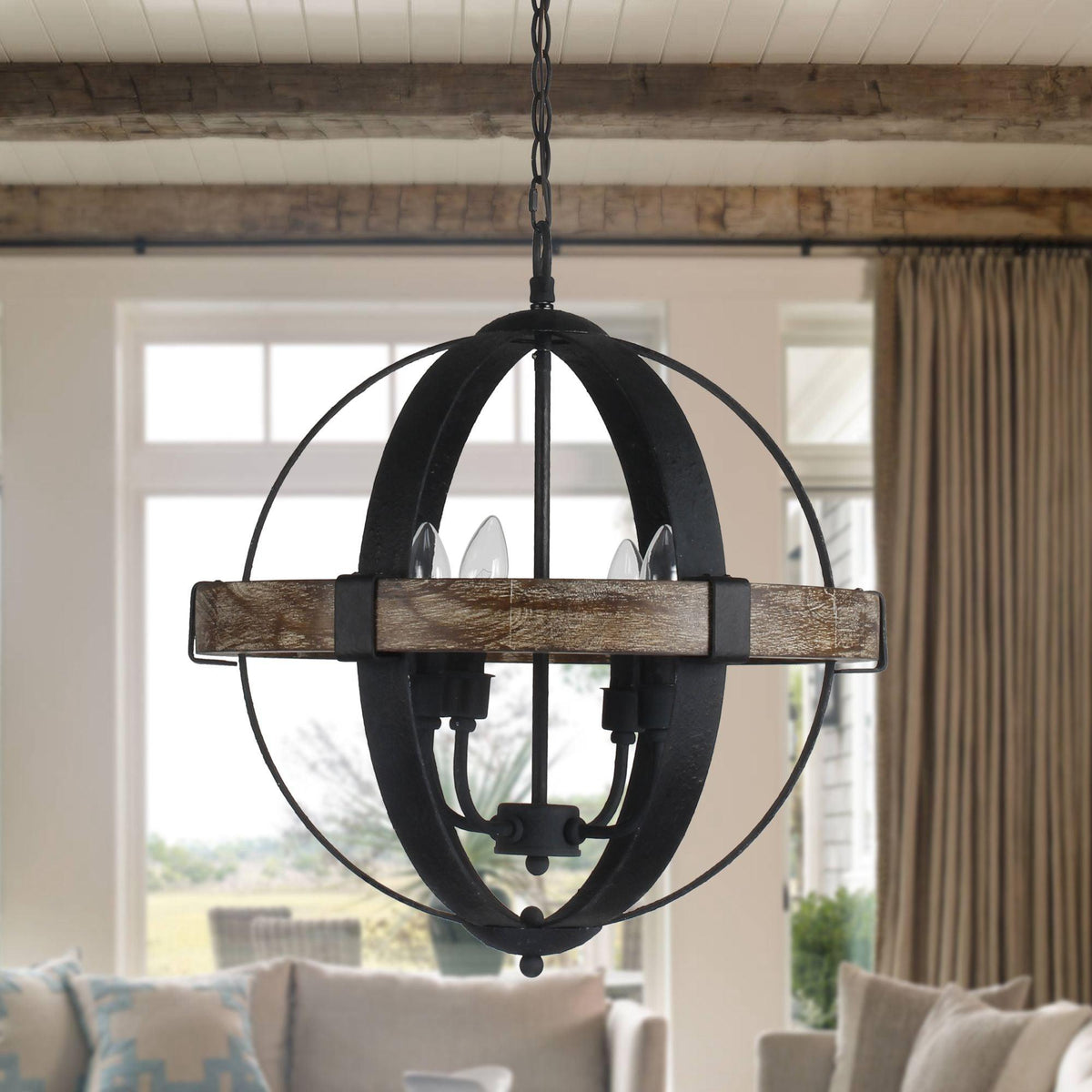 Castello Pendant Lamp – Rustic Wood & Black Iron Globe 4-Light Pendant