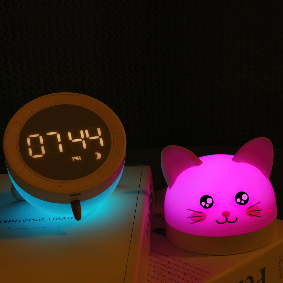 Cat Mouse Clock Night Light - Rechargeable Silicone LED Alarm Clock | Tail-Rotating Dimmer & Sound Activated Display