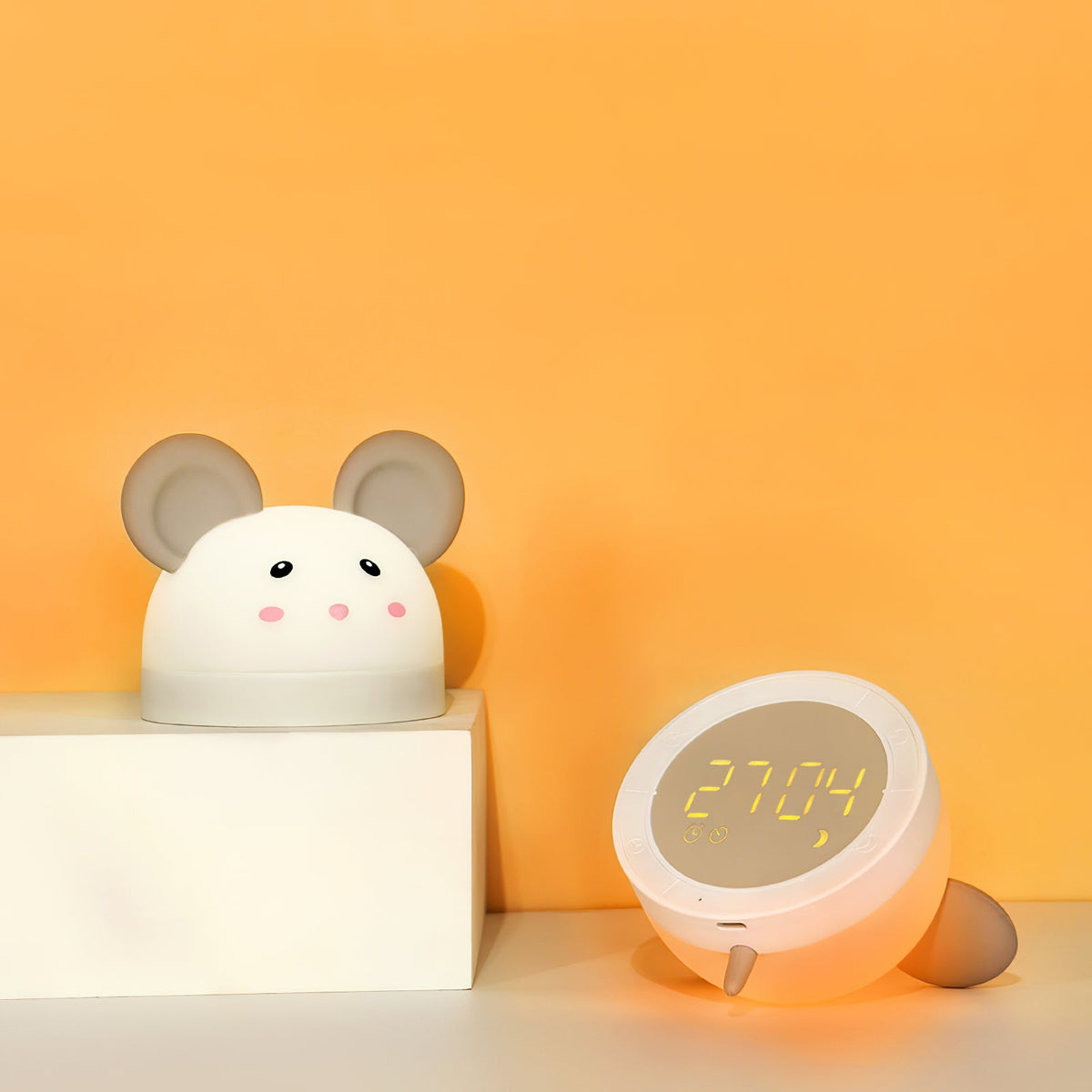Cat Mouse Clock Night Light - Rechargeable Silicone LED Alarm Clock | Tail-Rotating Dimmer & Sound Activated Display