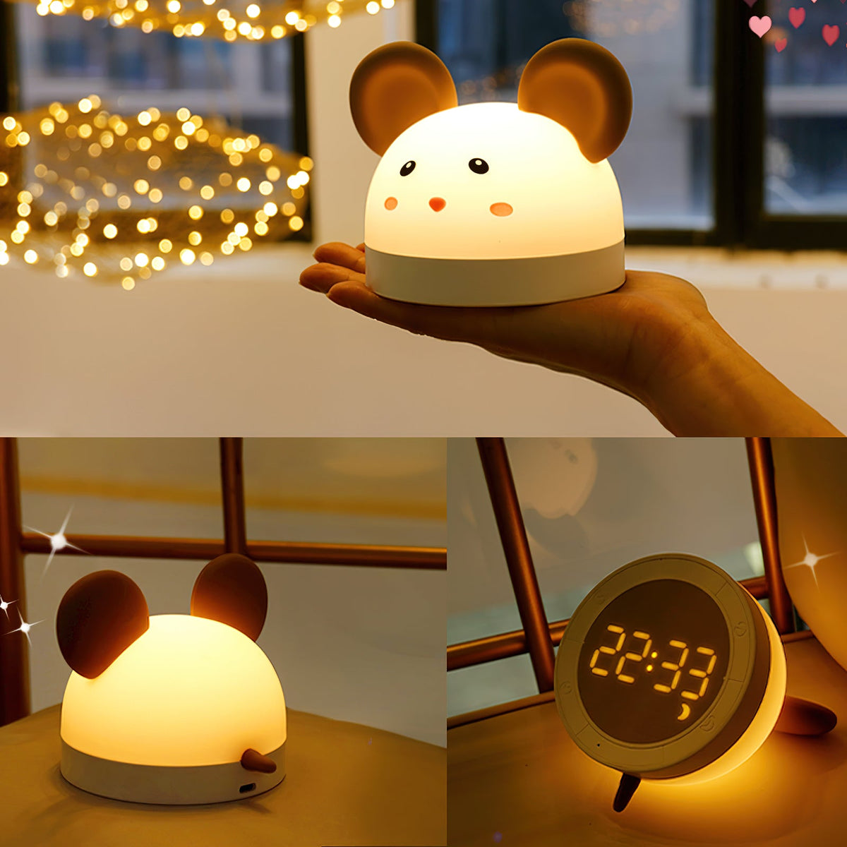 Cat Mouse Clock Night Light - Rechargeable Silicone LED Alarm Clock | Tail-Rotating Dimmer & Sound Activated Display