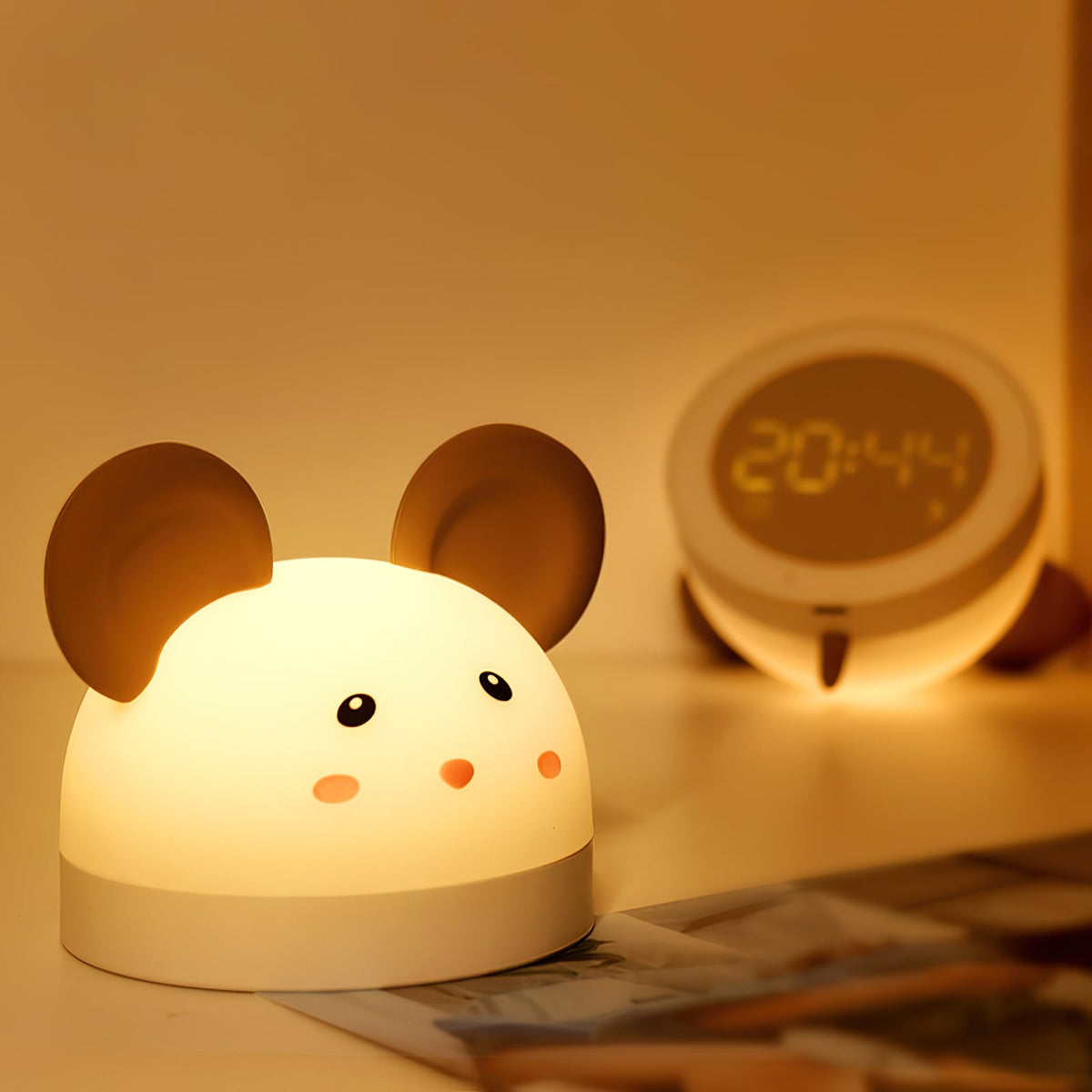 Cat Mouse Clock Night Light - Rechargeable Silicone LED Alarm Clock | Tail-Rotating Dimmer & Sound Activated Display