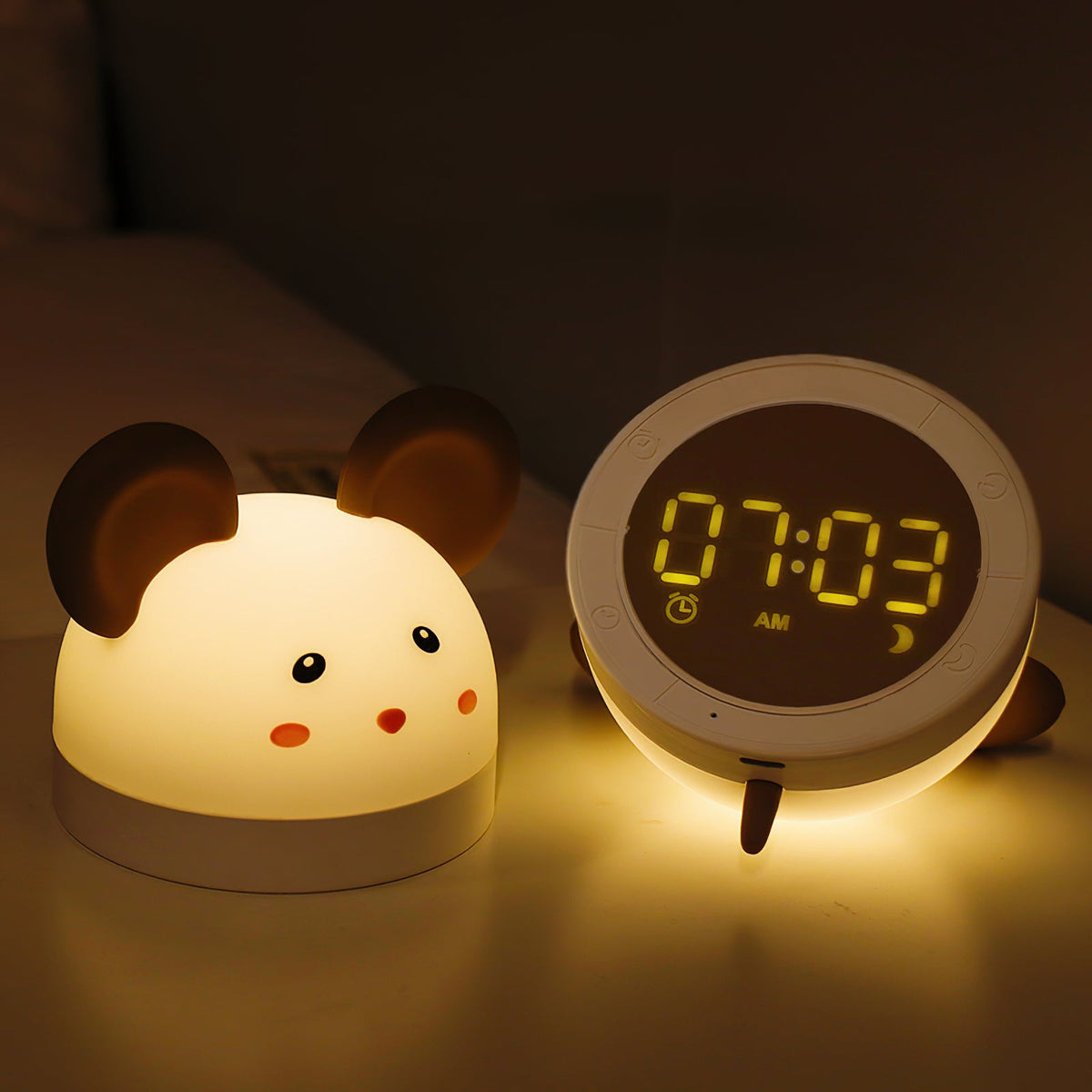 Cat Mouse Clock Night Light - Rechargeable Silicone LED Alarm Clock | Tail-Rotating Dimmer & Sound Activated Display