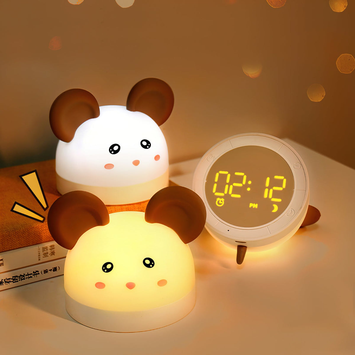 Cat Mouse Clock Night Light - Rechargeable Silicone LED Alarm Clock | Tail-Rotating Dimmer & Sound Activated Display