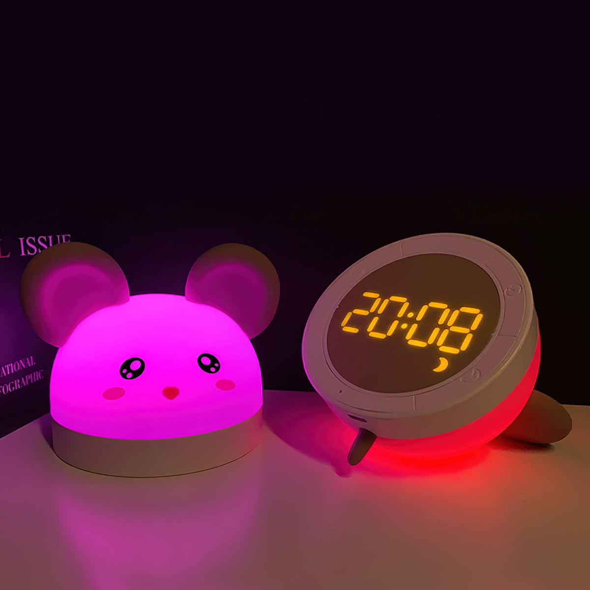 Cat Mouse Clock Night Light - Rechargeable Silicone LED Alarm Clock | Tail-Rotating Dimmer & Sound Activated Display